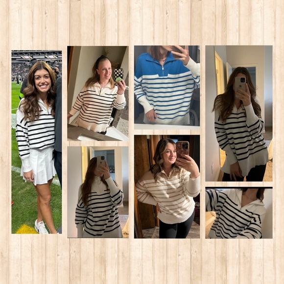 Striped Sweaters Half Zipper Long Sleeve Ribbed Knit Loose Oversized Pullover M - Picture 6 of 17